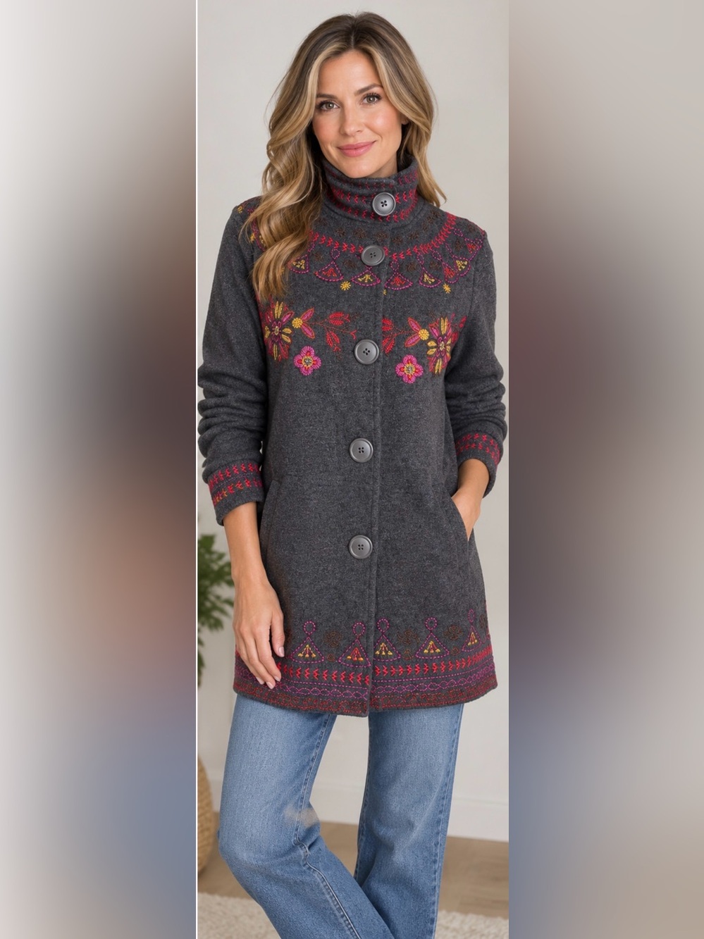 Johnny Was Gray Embroidered Button-Front Jacket